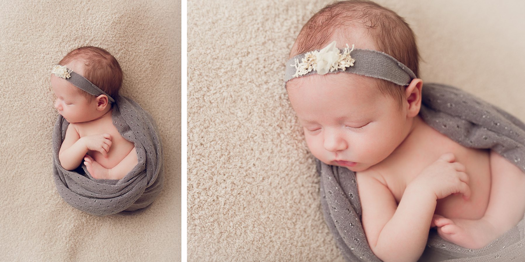 edmonton newborn photographer - newborn wrapped in grey wrap