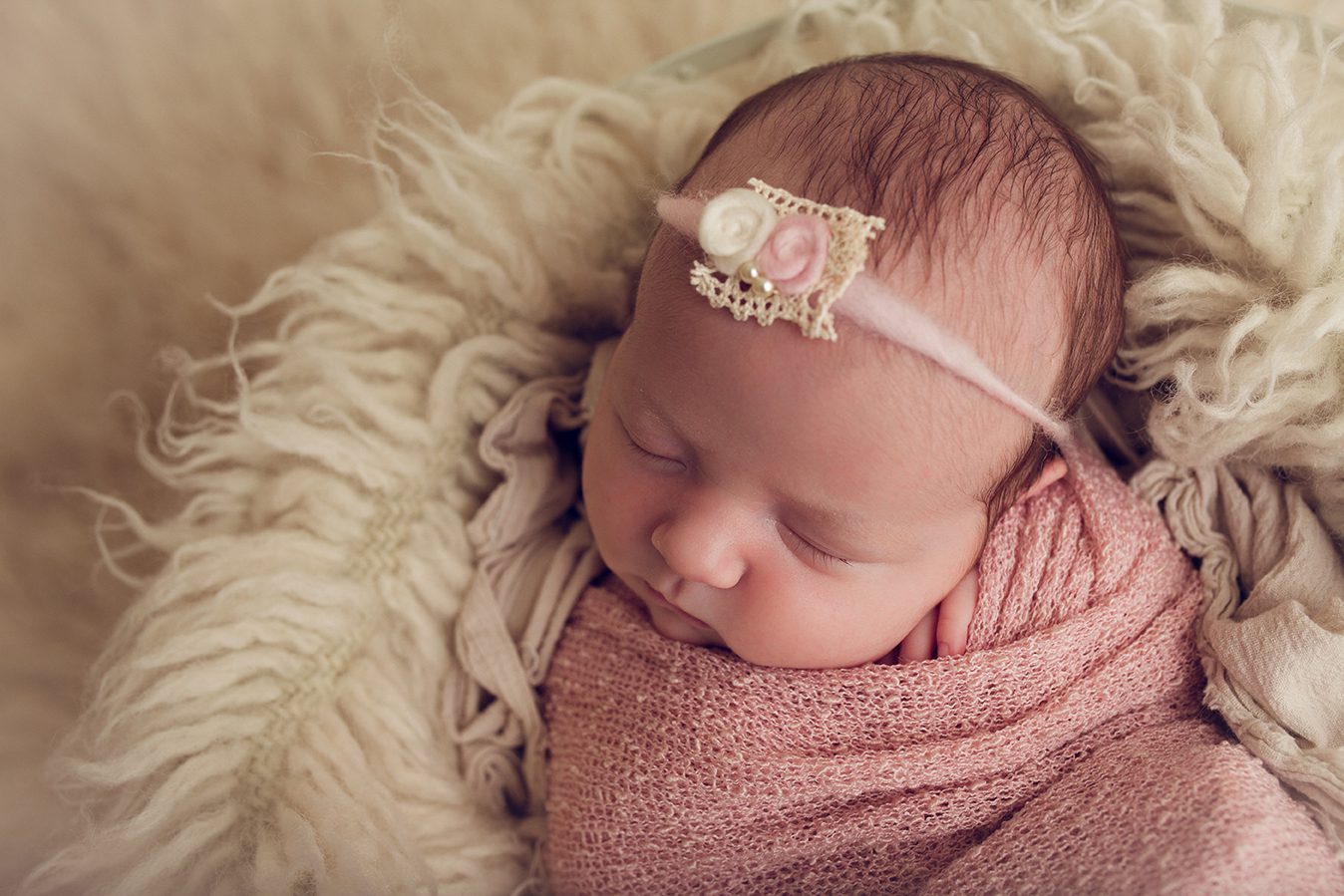 edmonton newborn photographer - wrapped in pink in bucket