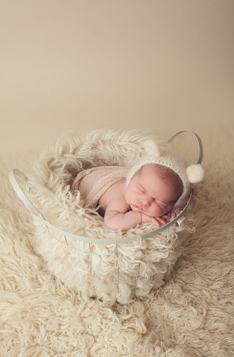 edmonton newborn photographer - posed in her bucket with flokati